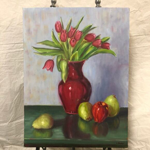 "Flower Vase" with Apples Still Life Oil on Canvas Painting by Ann Petrus Baker